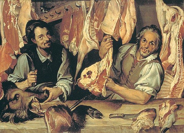 Grinning butchers hold up cuts of meat and a slaughtered animal in a crowded shop Grinning butchers hold up cuts of meat and a slaughtered animal in a crowded shop
