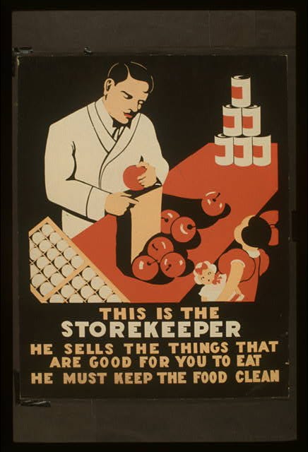 WPA poster showing a storekeeper bagging apples for a young girl, with text describing his role selling nutritious food and keeping it clean.