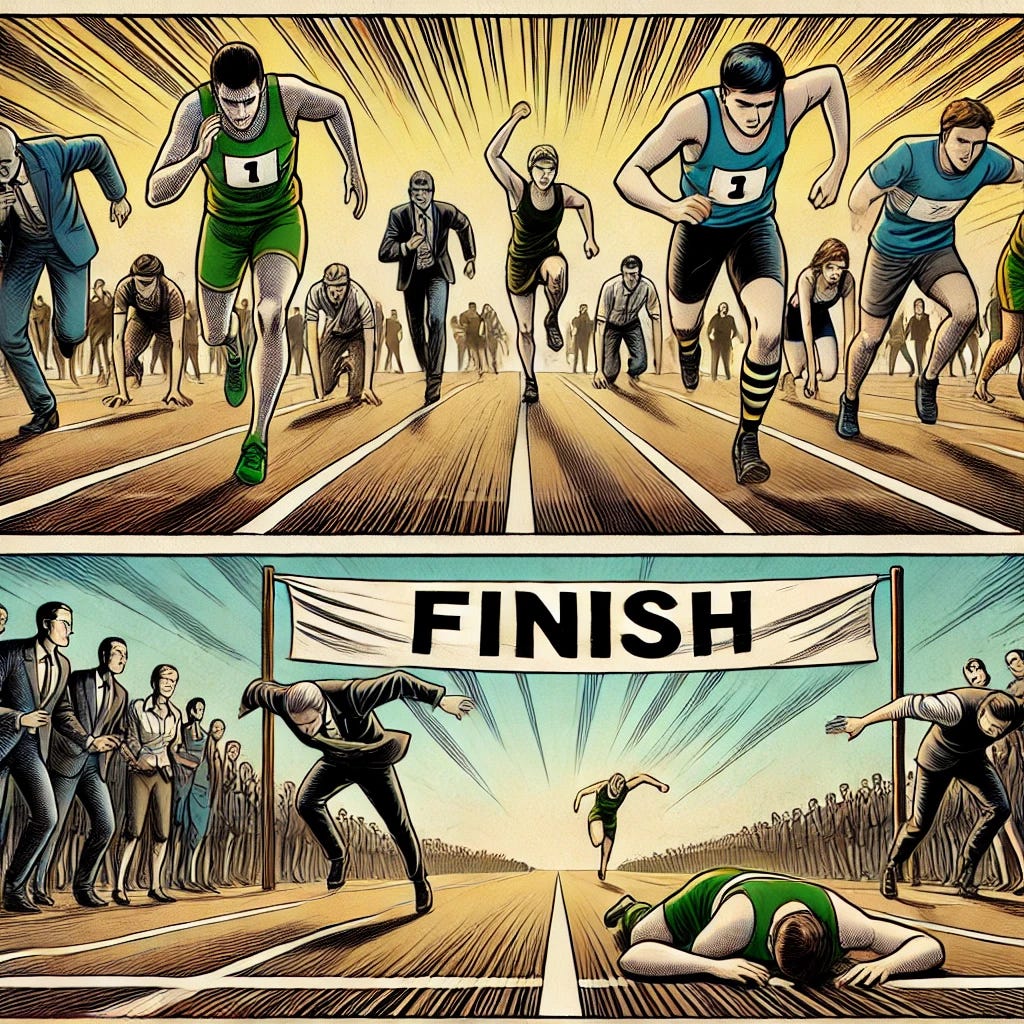 A comic strip in a single panel depicting a race with a large group of people at the starting line, running towards a finish line in the distance. The race track narrows significantly as it approaches the end, symbolizing competition and difficulty. Only a few determined runners are shown making it to the finish line, while others fall behind, looking tired or struggling. The finish line is marked with a banner that reads 'Success' or 'Achievement.' The scene should be energetic and dynamic, capturing the competitive nature of the race with expressive characters.