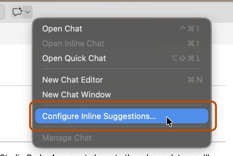 GitHub Copilot menu