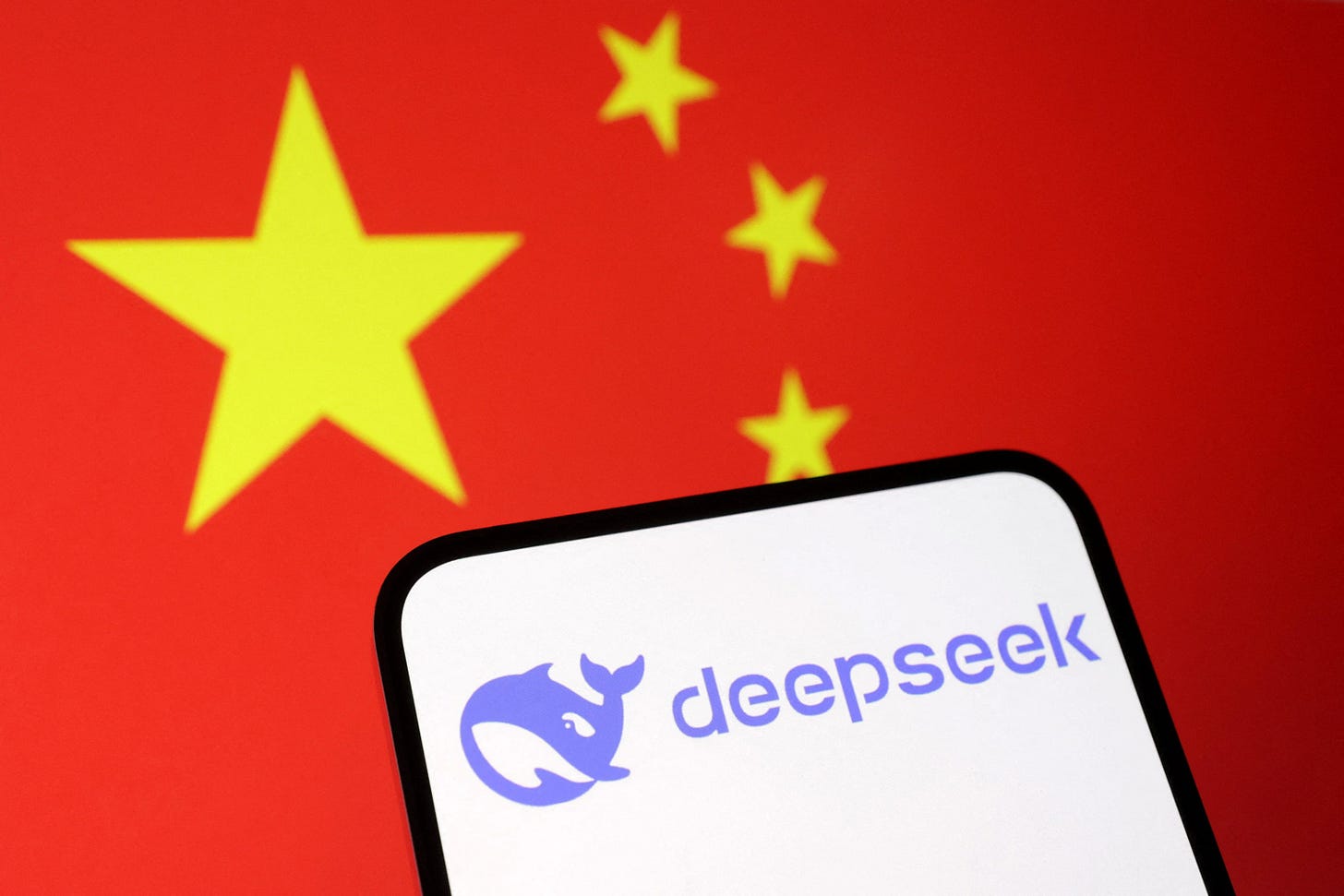 Illustration shows Deepseek logo and Chinese flag