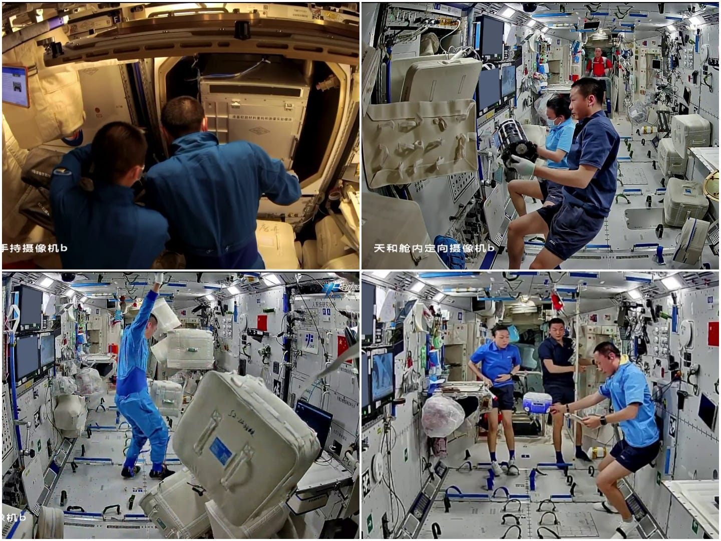 The Shenzhou-23 crew installing and maintaining experiments onboard the space station (top), Zhu Yangzhu reorganizing supplies between Tiangong’s modules (bottom left), and Xiao Hang being activated during the week (bottom right).