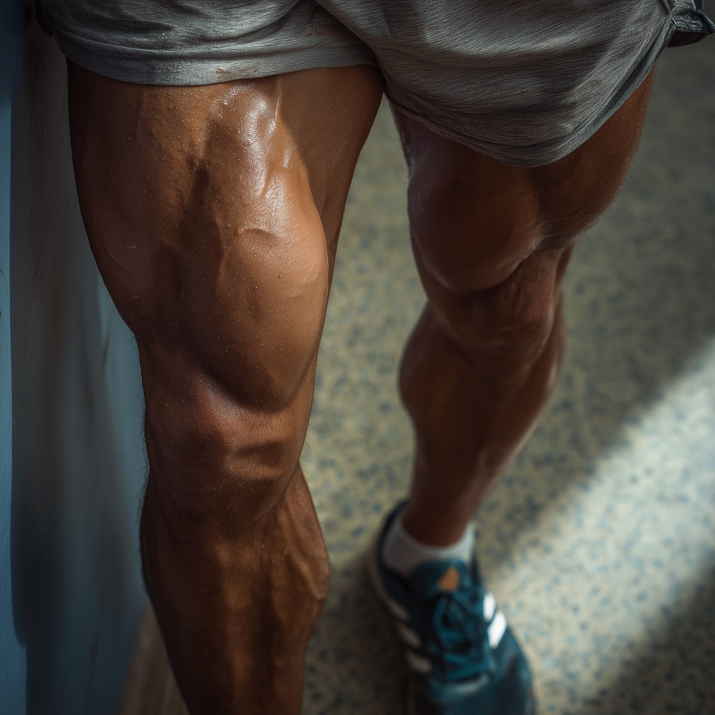 Muscular calves of a fit, male bodybuilder in the gym. 