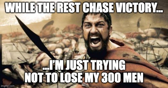 Meme of the movie ‘300’ showing a Spartan warrior yelling on a battlefield with text overlay ‘WHILE THE REST CHASE VICTORY… I’M TRYING TO AVOID LOSING 300 MEN’ — a humorous take on risk management and avoiding losses before chasing wins Meme of the movie ‘300’ showing a Spartan warrior yelling on a battlefield with text overlay ‘WHILE THE REST CHASE VICTORY… I’M TRYING TO AVOID LOSING 300 MEN’ — a humorous take on risk management and avoiding losses before chasing wins