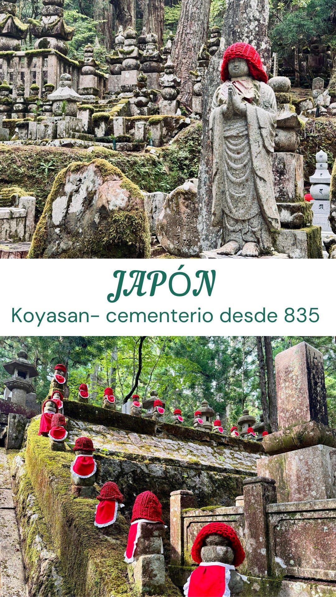 Cementerio en Koyasan, Japón, con figuras de Jizo con sombreros y baberos rojos.