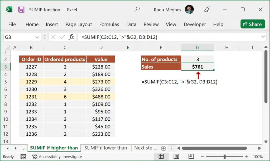 SUM IF greater than a specified value formula
