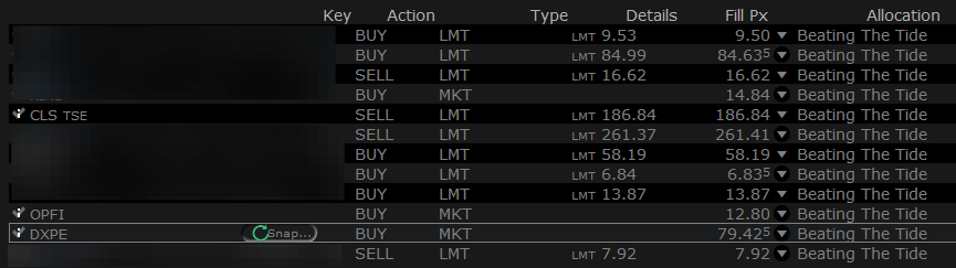 Beating The Tide portfolio trade history showing buy and sell transactions for CLS, OPFI, and DXPE stocks, including limit and market orders with fill prices.