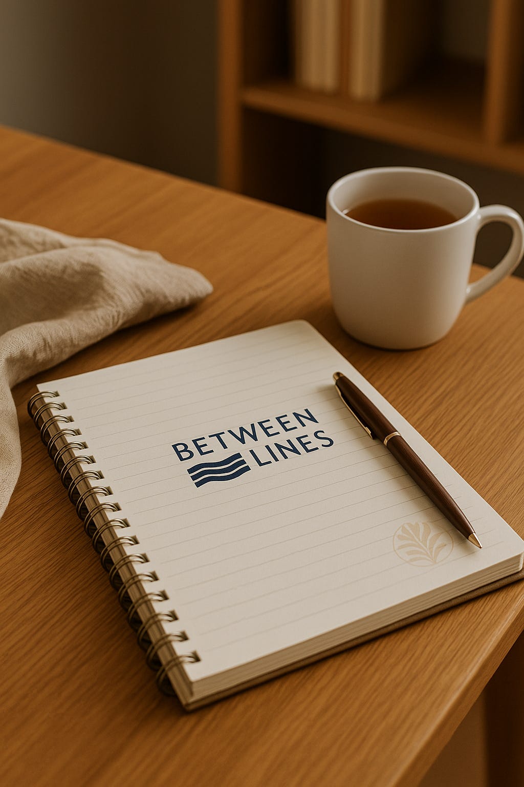 A calm writing scene on a wooden kitchen table: an open notebook labeled “Between the Lines,” a bronze pen, and a white mug of tea. A soft beige cloth adds warmth. The image reflects clarity, reflection, and the quiet strength behind civic storytelling.