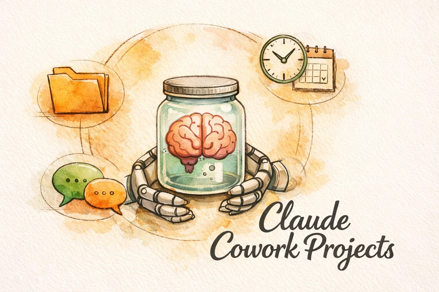 Claude Cowork Projects -- minimalist Brain in a Jar illustration with Robotic Hands Claude Cowork Projects -- minimalist Brain in a Jar illustration with Robotic Hands