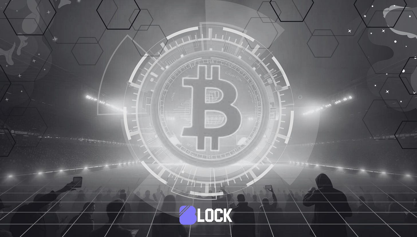A futuristic depiction of a large Bitcoin symbol encased in a circular, digital interface design, prominently displayed in the center of a stadium filled with a crowd. The background features bright stadium lights, creating a grand and immersive atmosphere. Silhouetted figures in the foreground hold smartphones, capturing the event, while a grid-like pattern and hexagonal shapes overlay the scene, emphasizing a digital and blockchain-inspired theme.