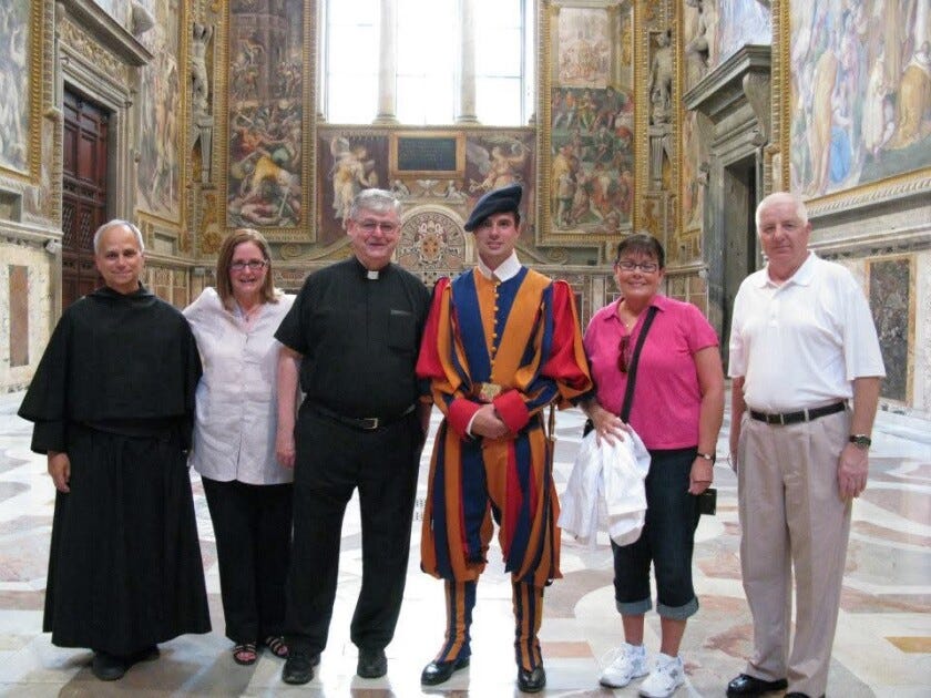 Robert Prevost (far left) — now Pope Leo — gives a tour to friend Lisa Solava (2nd from left) in 2011, with her husband, Richard (far right).