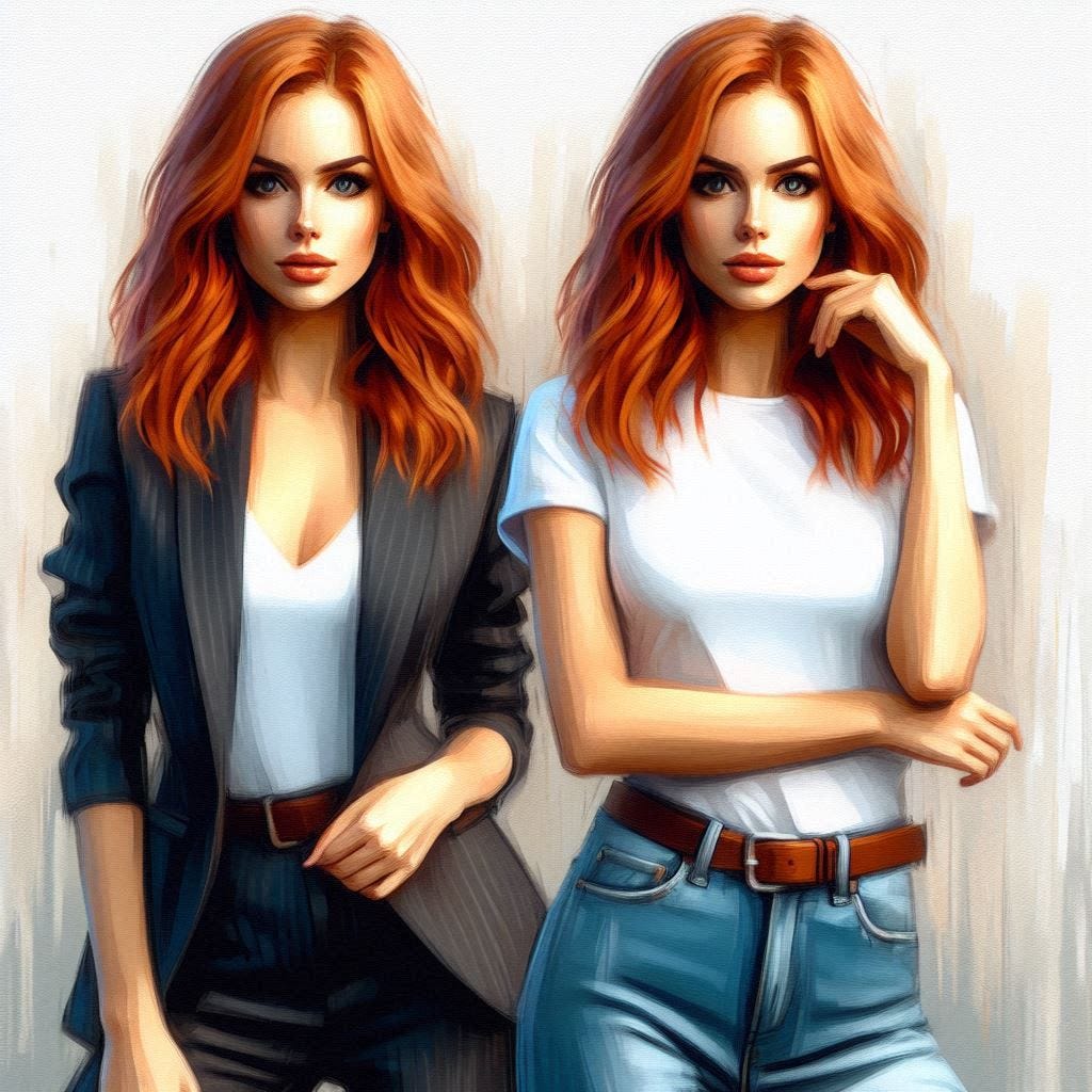 Two identical women are standing next to each other. Both are pretty and red-haired, but one is wearing a business suit and the other is wearing a white t-shirt and jeans. Slight impressionist style.