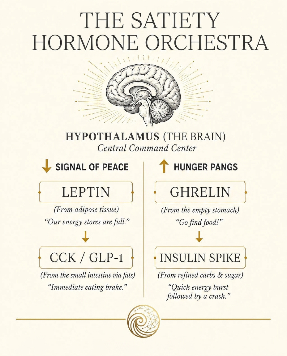 Vintage engraved illustration showing the Hypothalamus in the brain connected to gut hormones like Leptin, Ghrelin, CCK, and GLP-1.