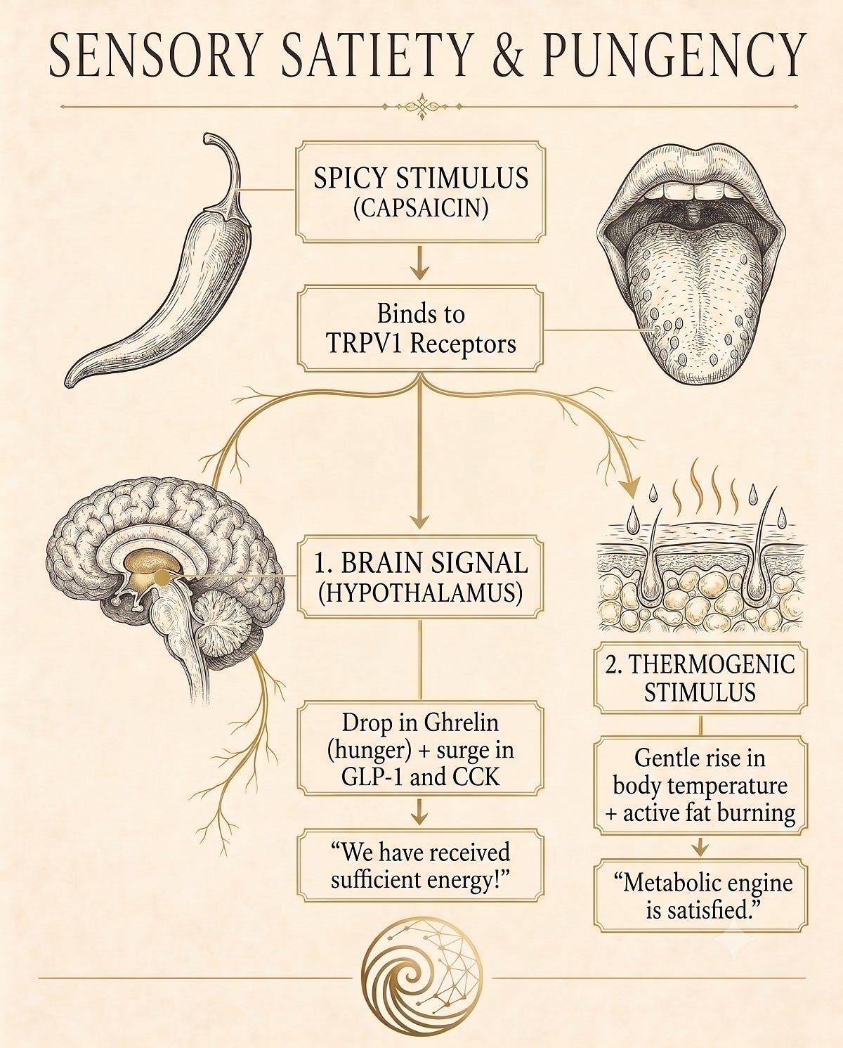 Diagram illustrating capsaicin in chili peppers binding to receptors and triggering hypothalamic brain responses and thermogenesis. Diagram illustrating capsaicin in chili peppers binding to receptors and triggering hypothalamic brain responses and thermogenesis.