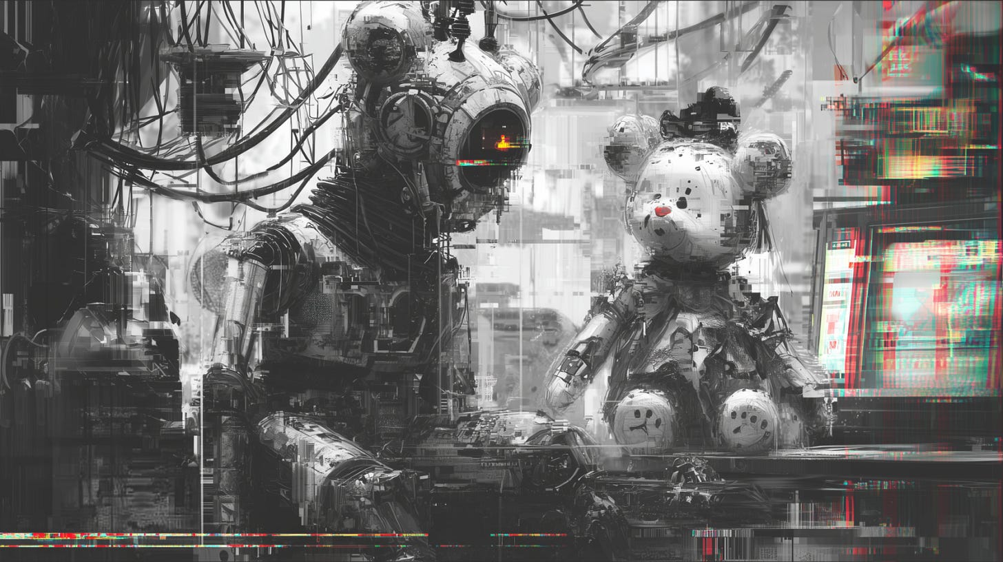 Two childlike robots sit side by side in a dim, glitch-lit room—one metal, one plush—wired into a wall of analog systems.