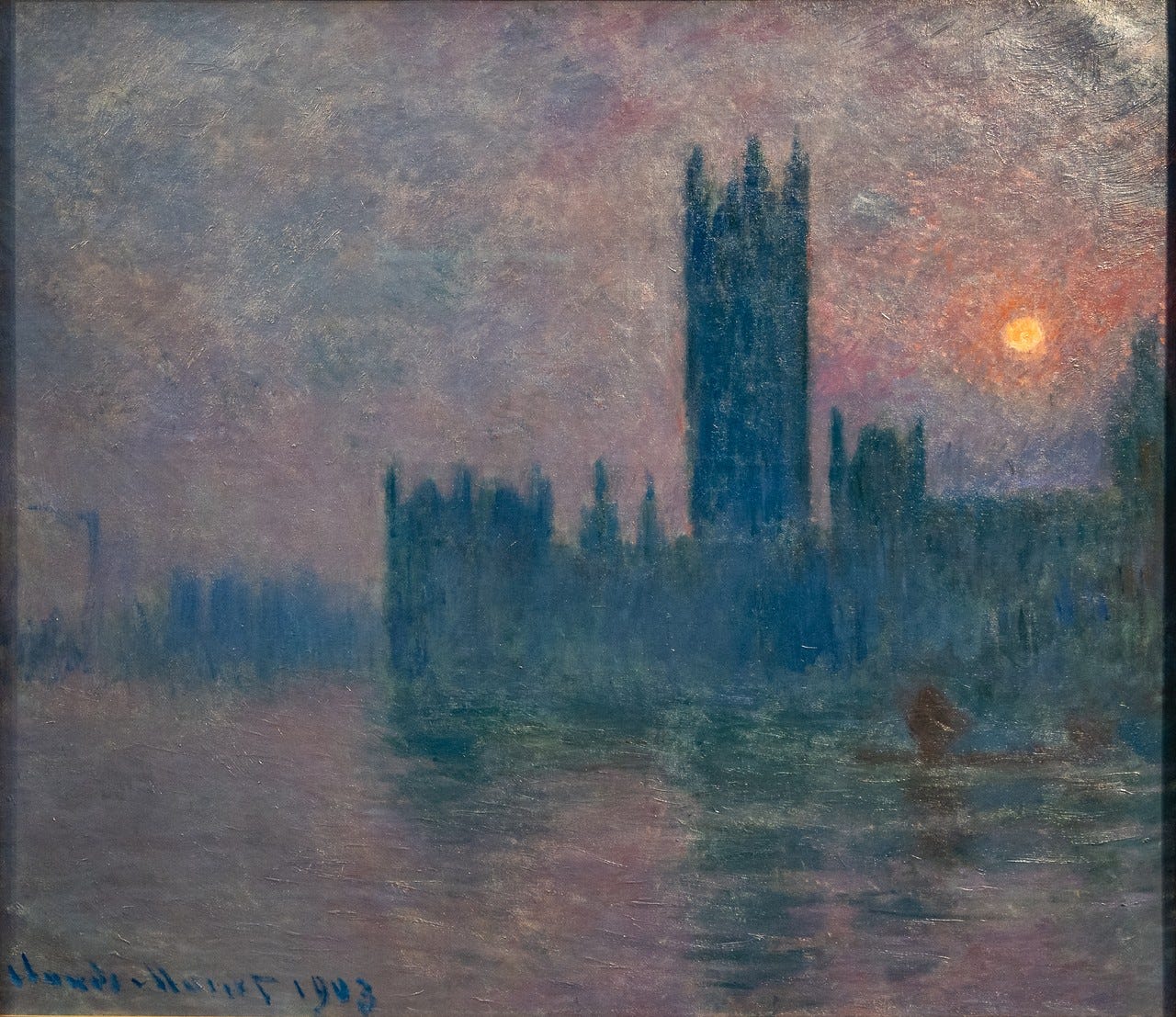 Monet's Houses of Parliament at sunset, blue towers against a violet sky, an orange sun beside the tallest tower Monet's Houses of Parliament at sunset, blue towers against a violet sky, an orange sun beside the tallest tower
