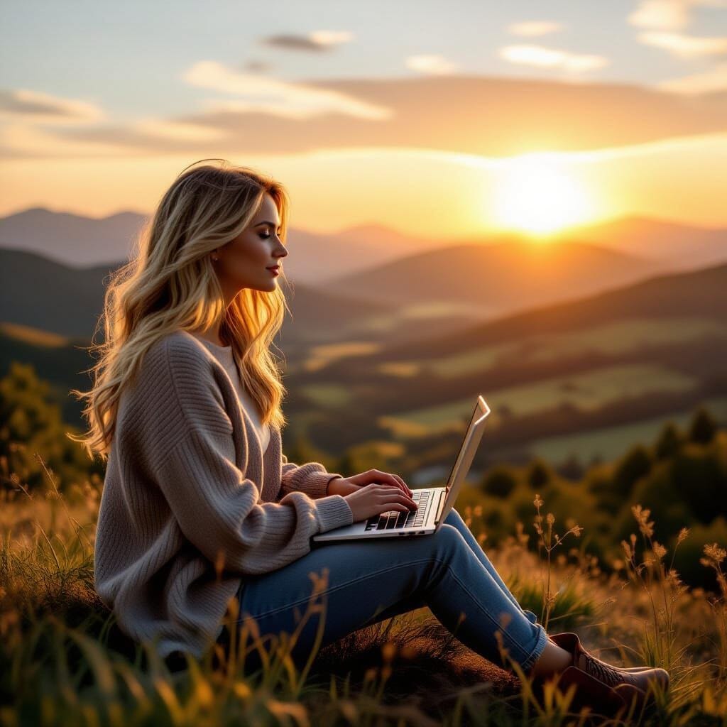 "A magnificent 8K photographic composition capturing a contemplative figure - a beautiful blonde  woman - sitting on a h...