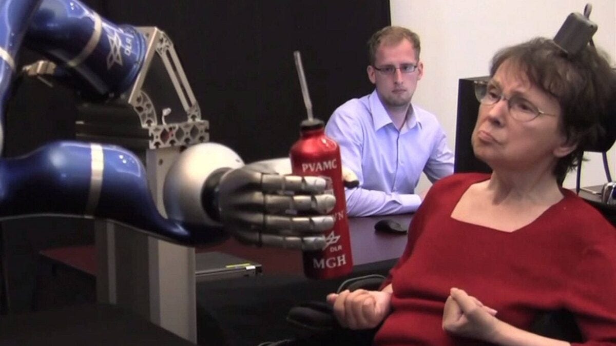 Cathy, a BrainGate subject, controls a robotic arm with her mind. From 2012. Cathy, a BrainGate subject, controls a robotic arm with her mind. From 2012.