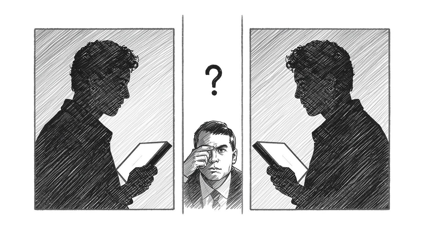 Two identical candidate silhouettes in separate file slots confusing a distant recruiter