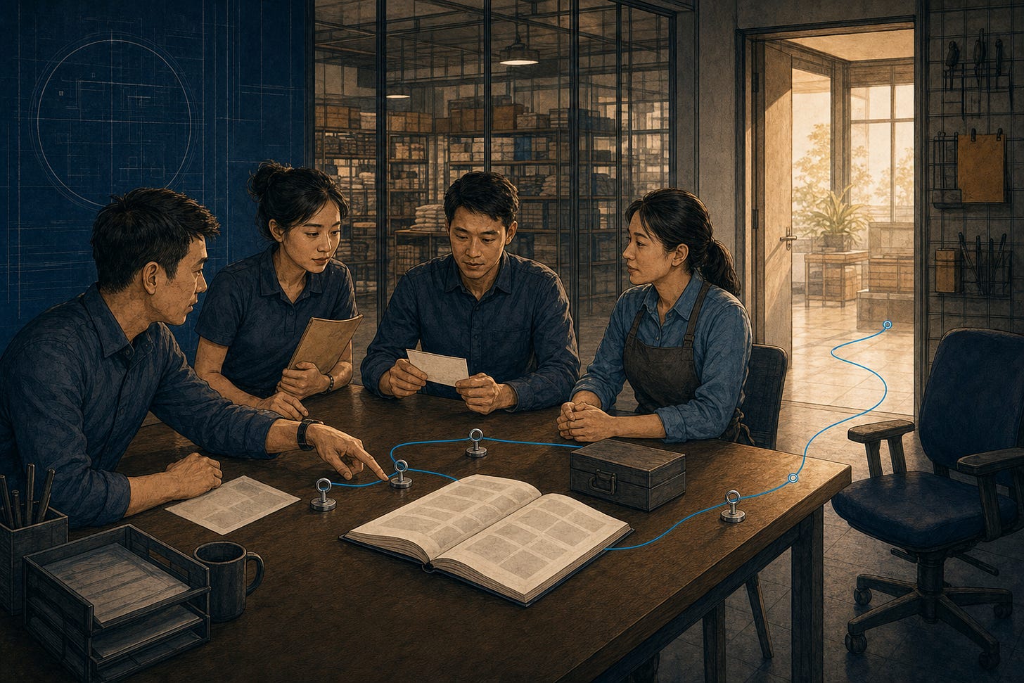 Bốn đồng nghiệp cùng xem sổ quyết định mở, hộp bằng chứng và các chốt nhỏ trên bàn; sợi cerulean tạo vòng đi tới ô cửa sáng, bên cạnh một ghế trống.