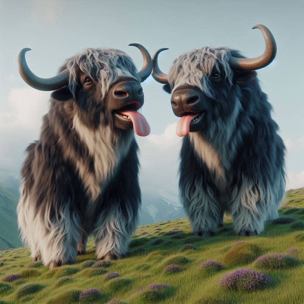 yaks yakking yummily photorealistic