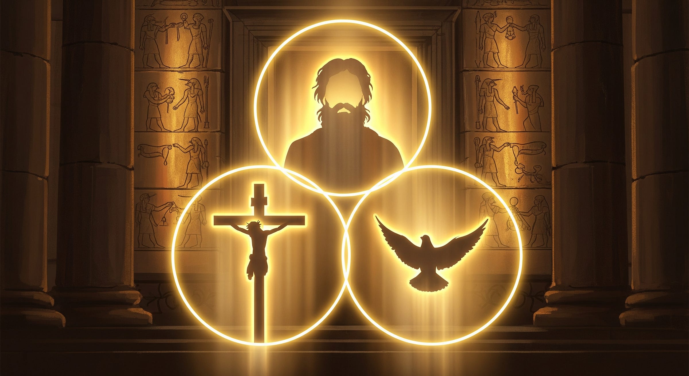 Illustration of the Christian Trinity (Father, Son, Holy Spirit) blended with imagery of pagan triads carved into stone, symbolizing the overlap between Christian doctrine and older religions. Illustration of the Christian Trinity (Father, Son, Holy Spirit) blended with imagery of pagan triads carved into stone, symbolizing the overlap between Christian doctrine and older religions.