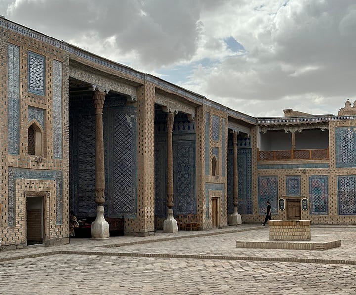 A throne room at Kuhna Ark. an interior courtyard at the Toshhovli, and the interior of the mausoleum