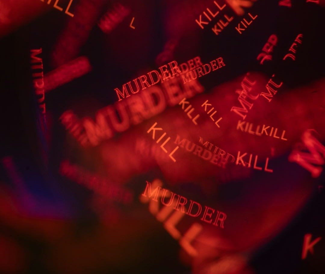Red words murder and kill scattered on black background. Red words murder and kill scattered on black background.