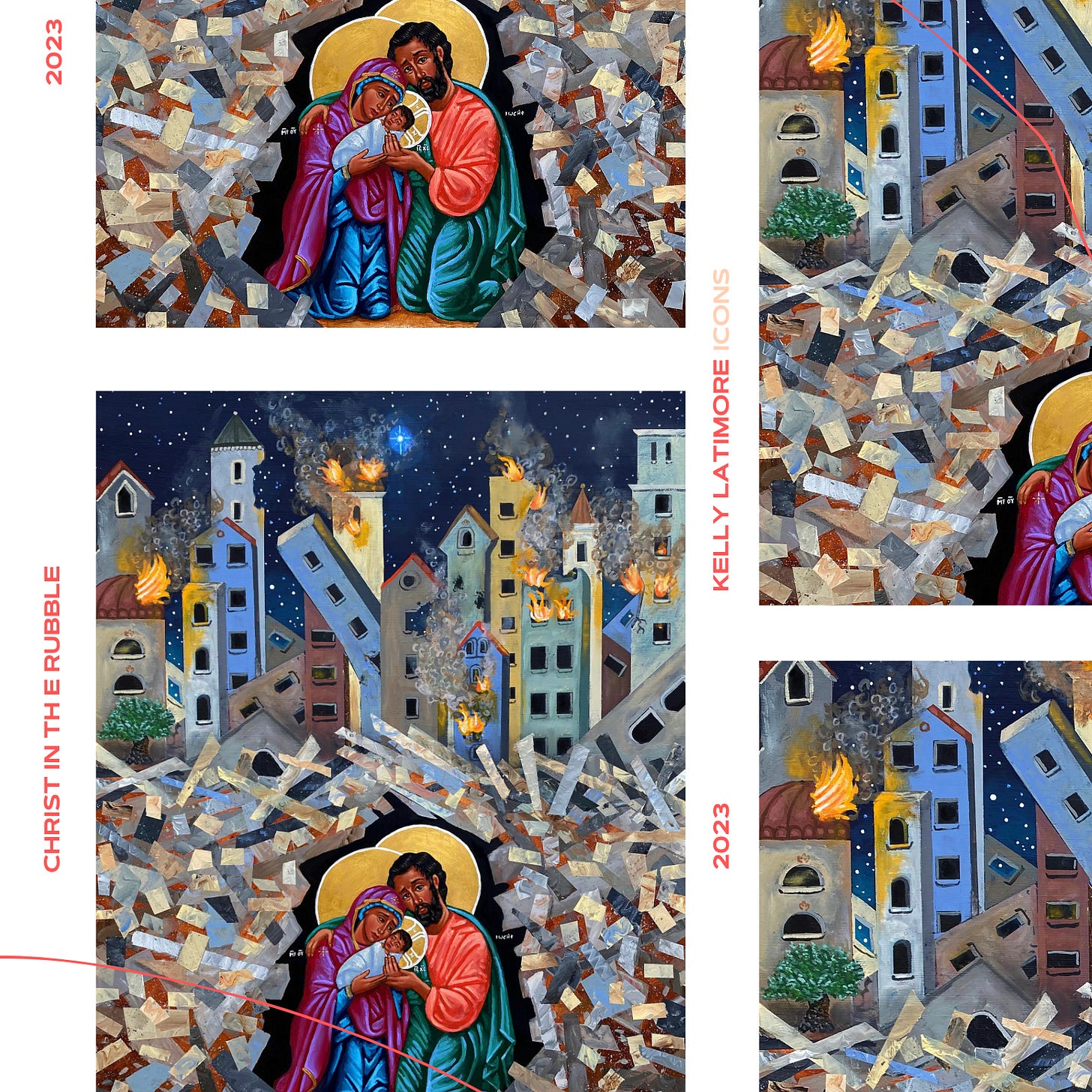 An artwork showing the Holy Family kneeling amongst the devastation of Gaza. An artwork showing the Holy Family kneeling amongst the devastation of Gaza.