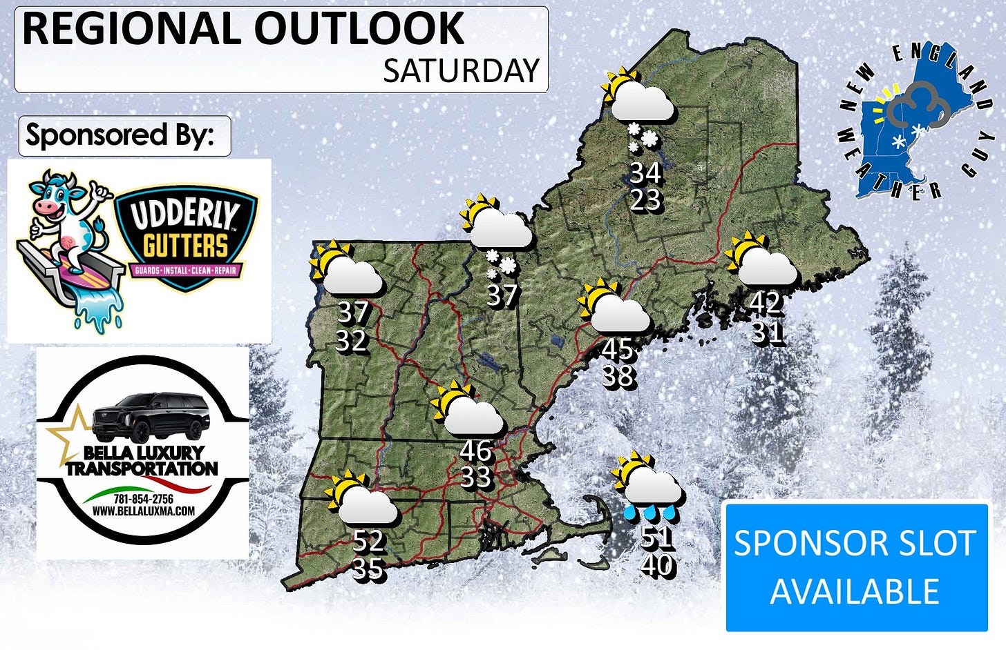 May be an image of campsite, map and text that says 'REGIONAL OUTLOOK SATURDAY Sponsored By: E ENG NORAL GLAND UDDERLY GUTTERS GUARIS- IMSTALI-CLEAN 新和５-1M5美I-OIEA線・BEPA證 CLEAN EAN- -BEPAIR EPAIR 34 23 HER 37 37 32 42 31 BELLALUXURY LUXURY BELLA TRANSPORTATION TRANSP RTATION 45 38 54-2756 WWW.BELLALUXMA.COM 33 33 46 . 52 35 51 40 SPONSOR SLOT AVAILABLE'