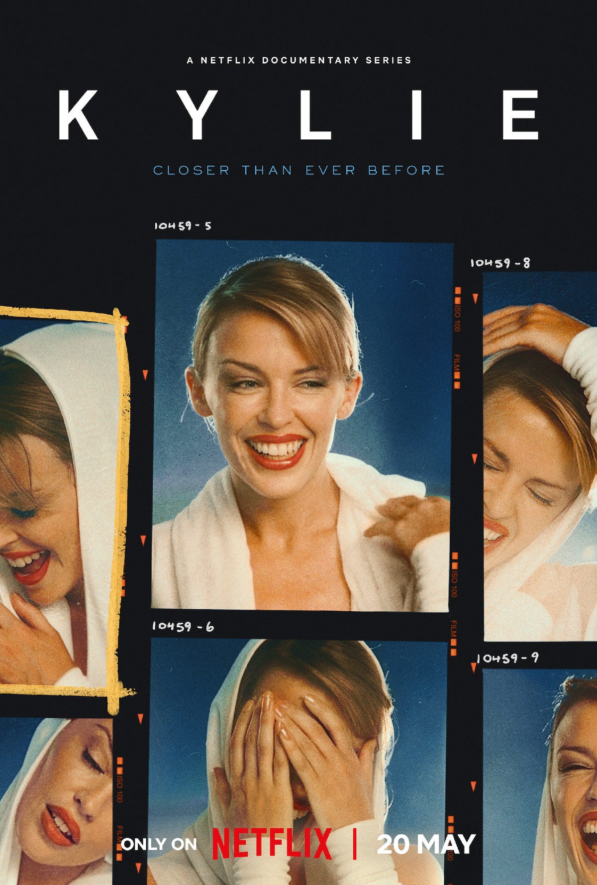 A collage of joyful photos of a woman in a white hoodie, set against a blue background, promoting a Netflix documentary series titled "Kylie" with release date 20 May.