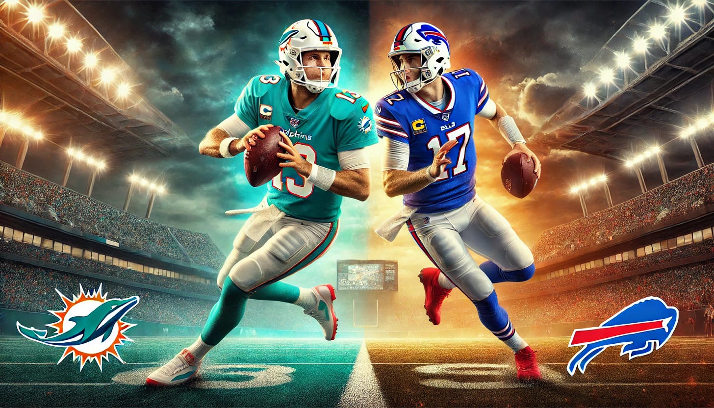 A dynamic digital painting of quarterbacks Dan Marino (#13) in his Miami Dolphins uniform and Josh Allen (#17) in his Buffalo Bills uniform. Marino is depicted in his classic teal and white jersey, preparing to throw a deep pass with his signature quick release. Allen is shown in his modern blue and red Bills uniform, evading a tackle while launching a powerful throw. The background features a split-stadium effect, with one side representing the Dolphins' home field and the other side reflecting the Bills' home atmosphere. The lighting emphasizes the intensity of the game, with a dramatic sky and stadium lights shining down.