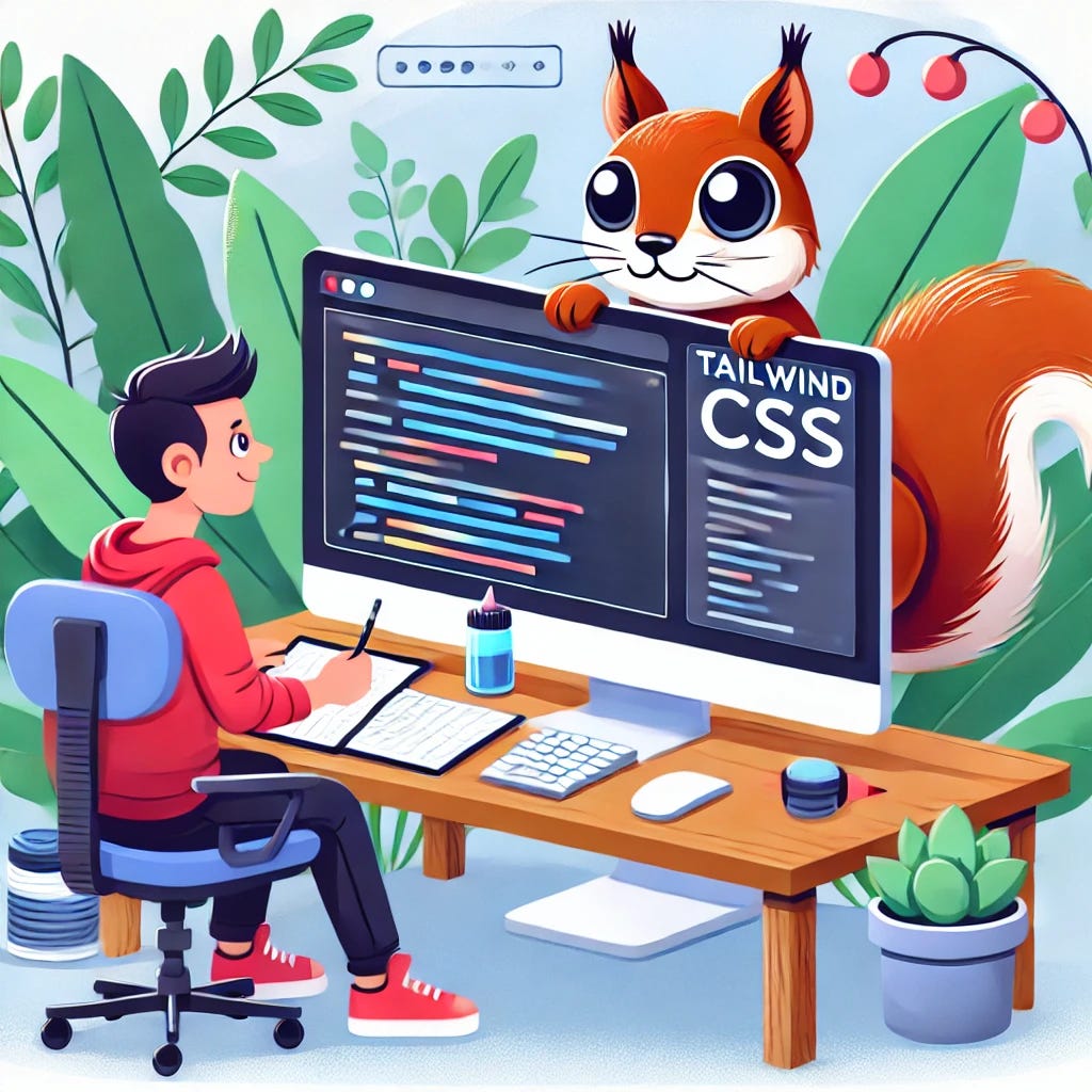 A creative and modern illustration of a web developer using Tailwind CSS, designing a sleek website layout. A playful squirrel is peeking from behind the screen, curiously watching the work.
