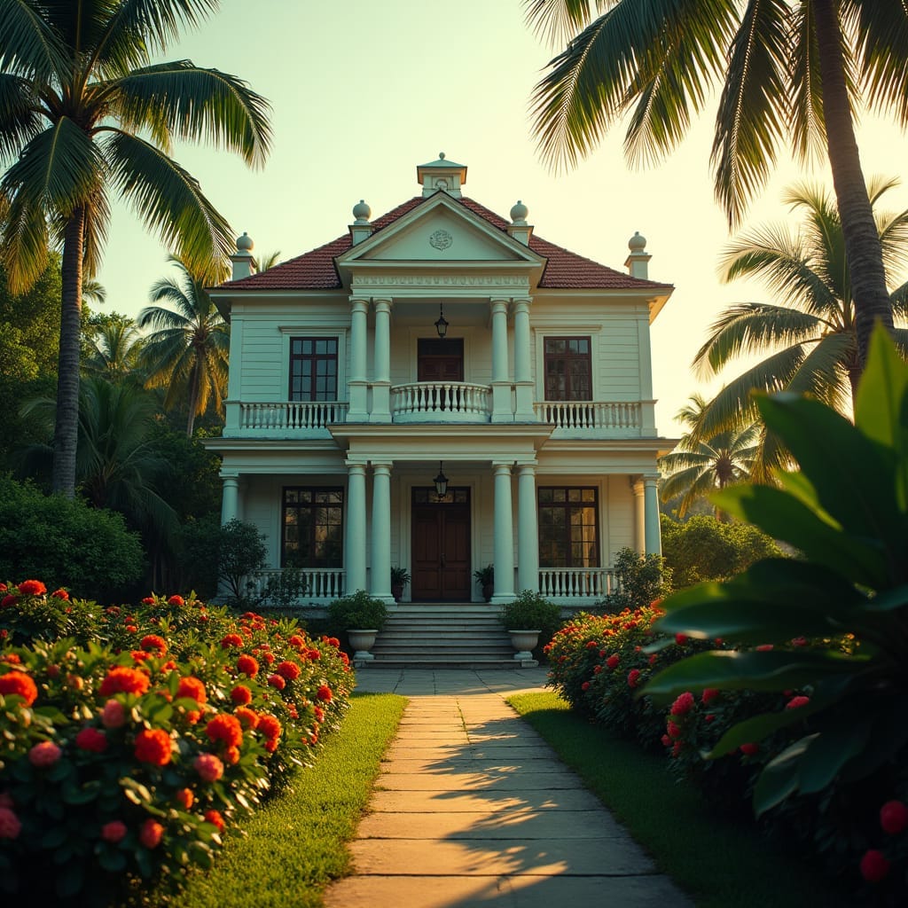 Majestic colonial mansion, Jamaica, late afternoon, warm golden light, cinematic lighting, long shadows, vibrant lush tropical gardens, ornate wooden facade, rustic shutters