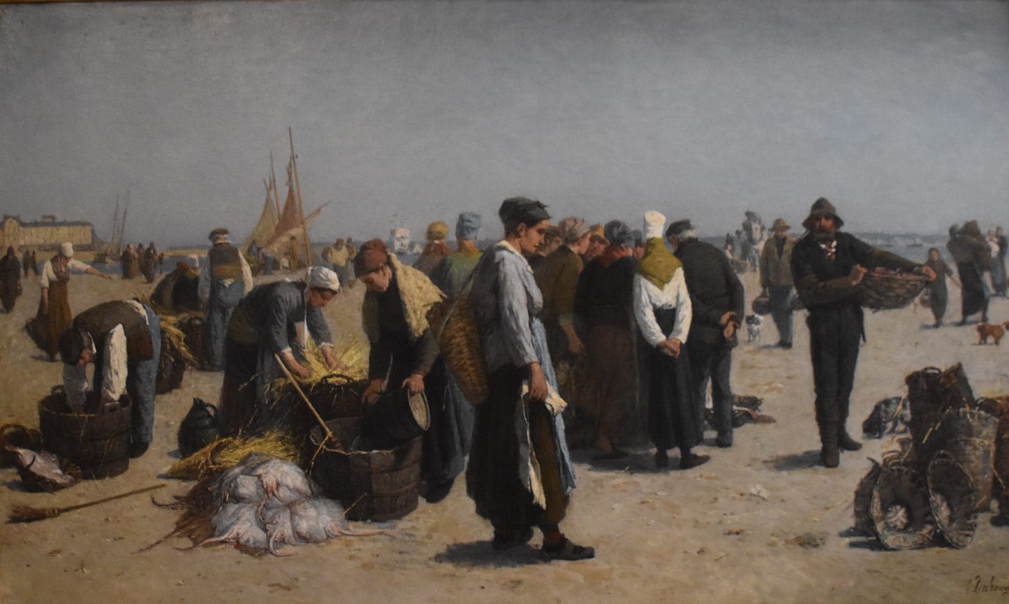 le marché aux poissons en 1876 dans le port français de Honfleur