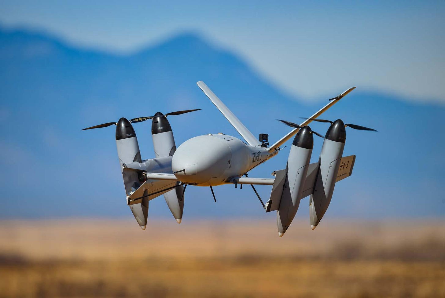 The Transwing design offers this compact and stable VTOL and hover mode, with an exceptionally large wingspan in cruise mode for outstanding efficiency