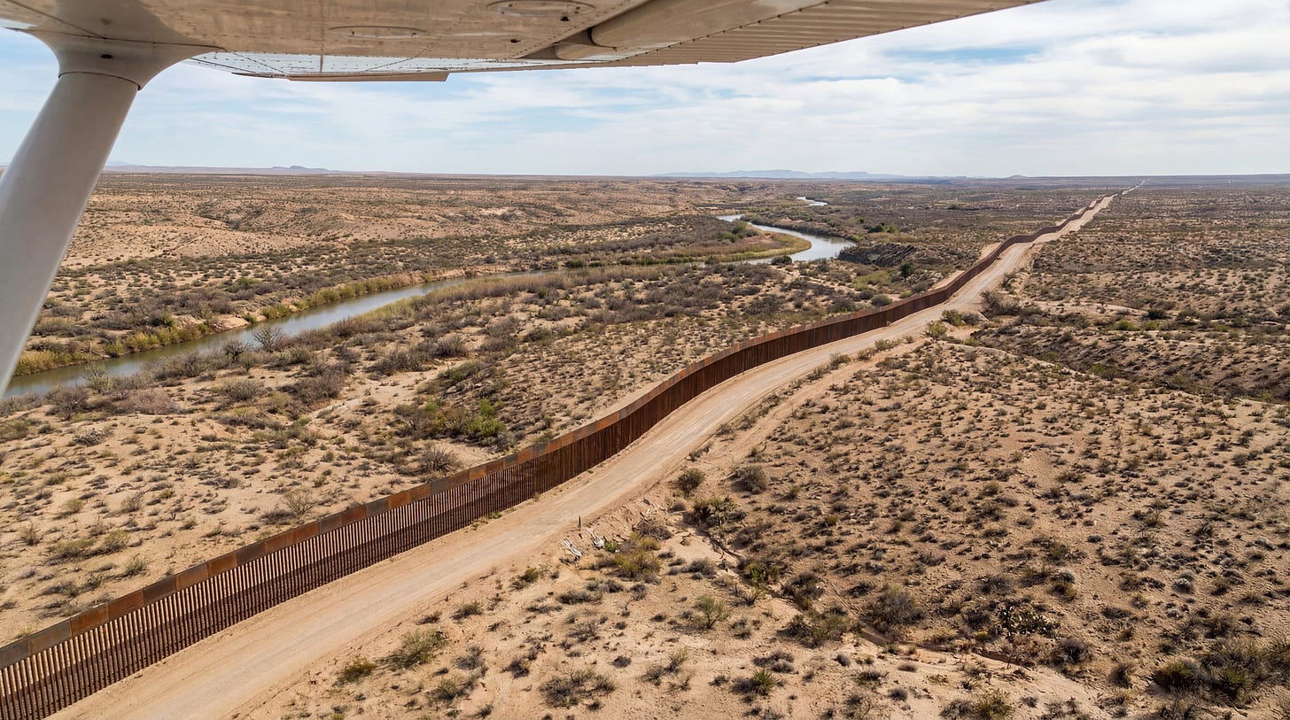 AI-generated illustration of the border wall as viewed from a small plane, symbolizing immigration and border security remain top issues for Texas voters. AI-generated illustration of the border wall as viewed from a small plane, symbolizing immigration and border security remain top issues for Texas voters.