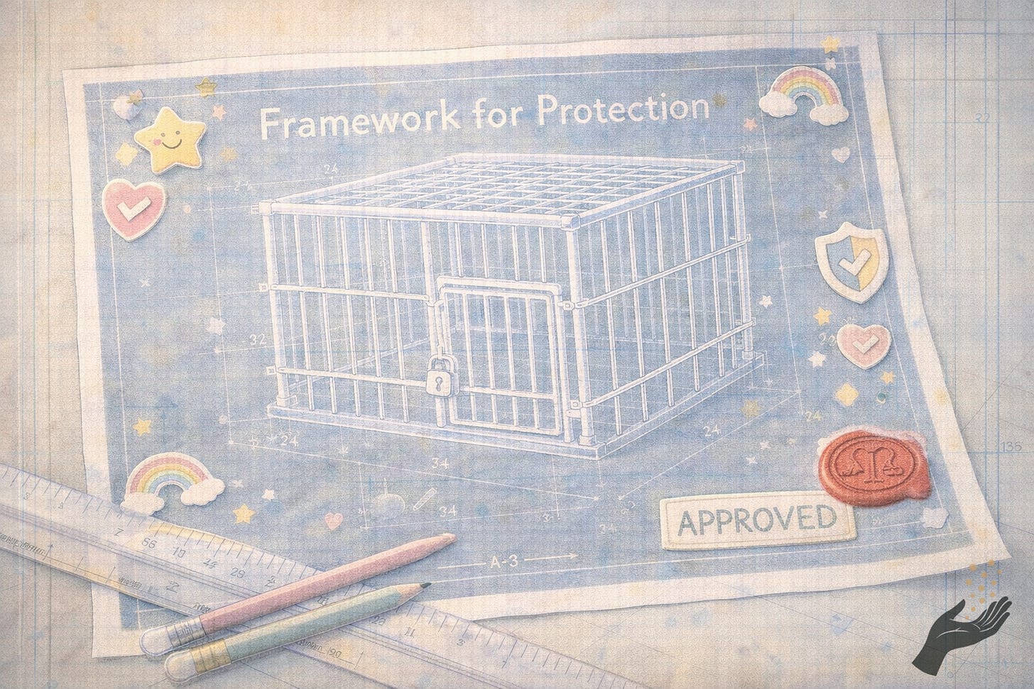 A blueprint labeled Framework for Protection depicts a cage with a lock, surrounded by cute stickers, drafting tools, and an approved stamp.