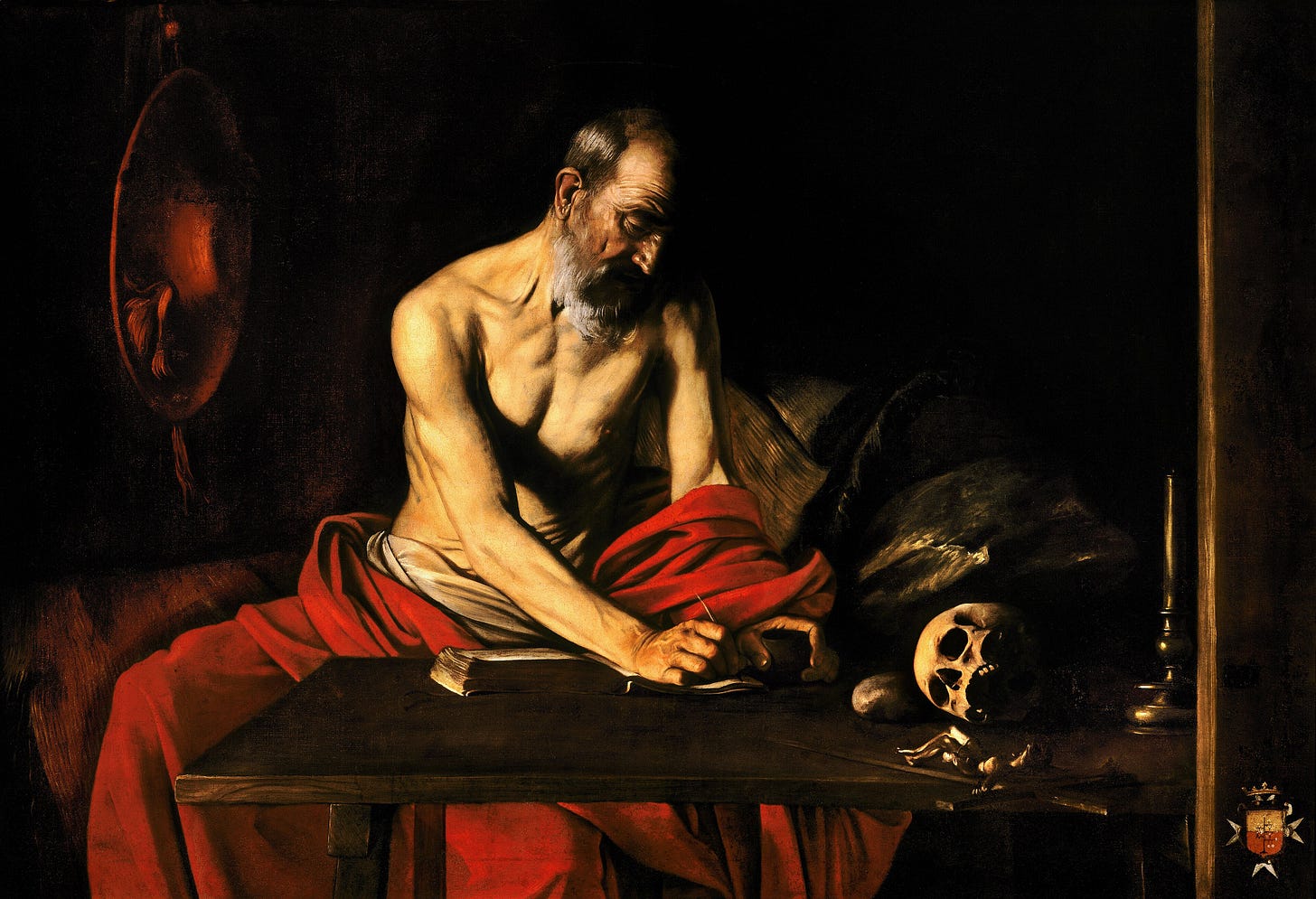 An old scholar writing beside a skull An old scholar writing beside a skull