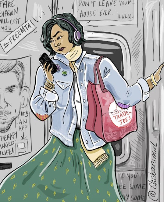 A comic by Shebani Rao of an Indian person listening to music, holds onto the bar on the New York subway while doomscrolling A comic by Shebani Rao of an Indian person listening to music, holds onto the bar on the New York subway while doomscrolling