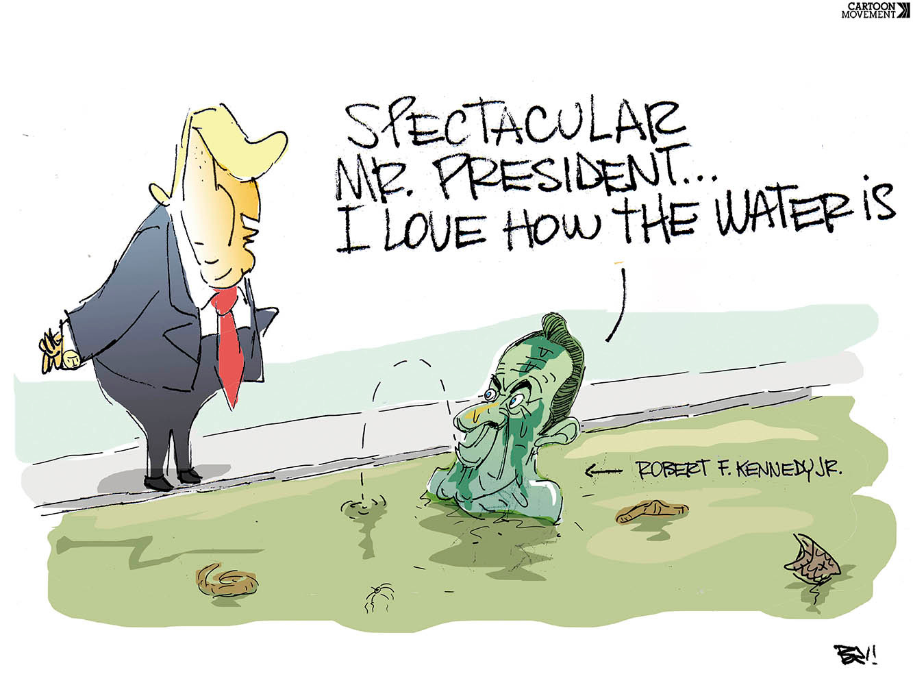 Cartoon showing Trump standing on the side of the Lincoln Memorial reflecting pool looking at Robert F. Kennedy Jr. bathing in the green, scummy water. Kennedy Jr. says: 'Spectacular, Mr. President, I love how the water is'