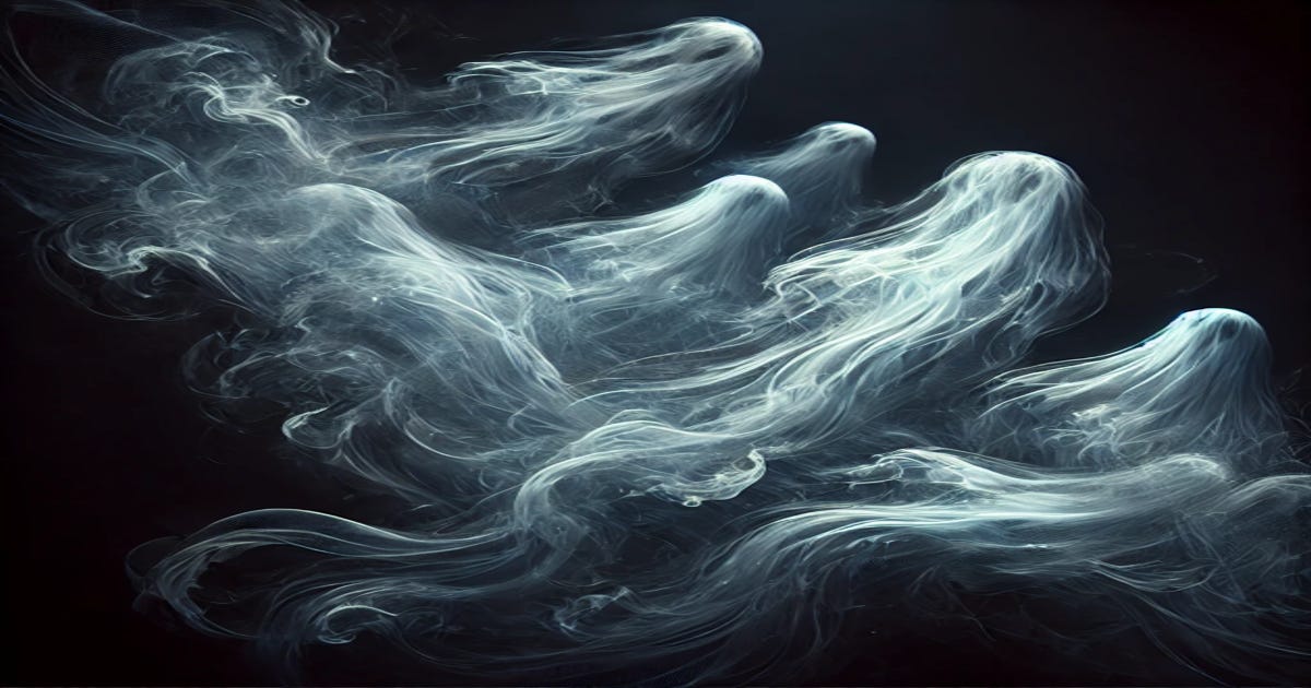 The image depicts ghostly figures made of swirling mist, floating against a dark background, evoking an eerie, ethereal atmosphere.