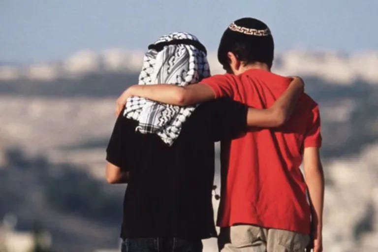 Two children, one Jewish and one Palestinian, along the Sherover Promenade in Jerusalem. Two children, one Jewish and one Palestinian, along the Sherover Promenade in Jerusalem.