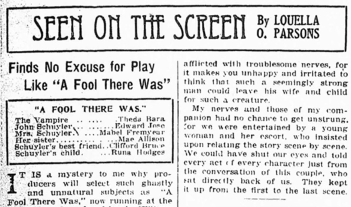 Clipping of the 1915 “Seen on the Screen” newspaper column by Louella O. Parsons in which she reviews “A Fool There Was”