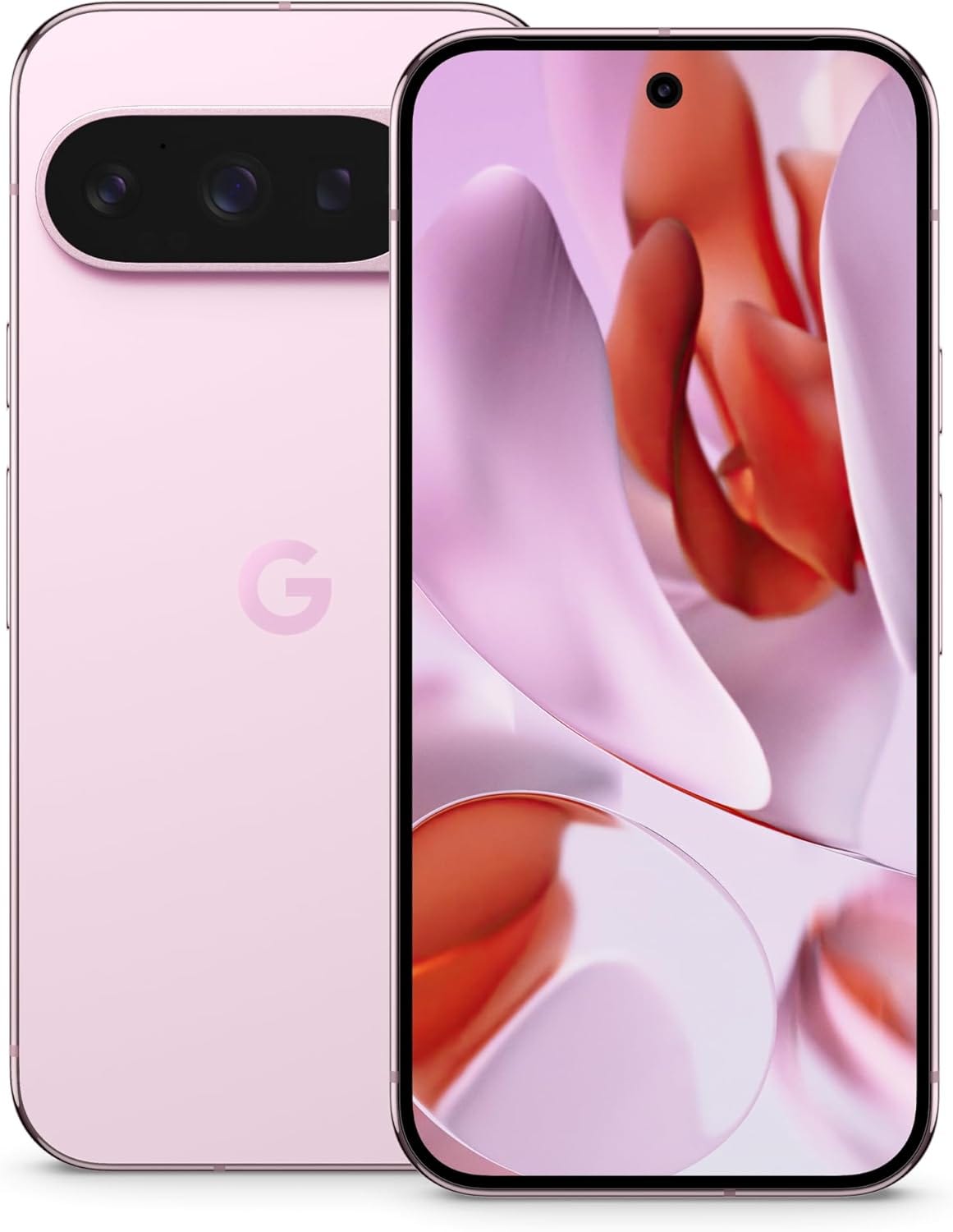 Google Pixel 9 Pro smartphone in pink, showcasing distinctive camera bar design.