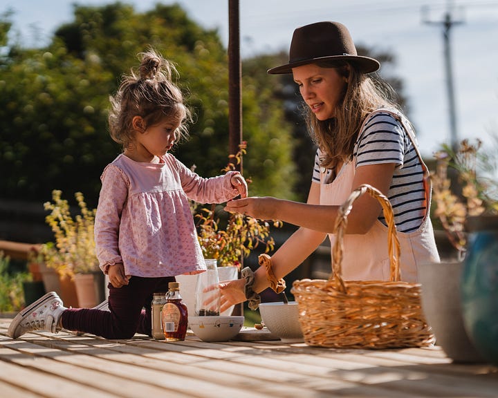 A young family living in a tent for the summer eating fresh organic food.