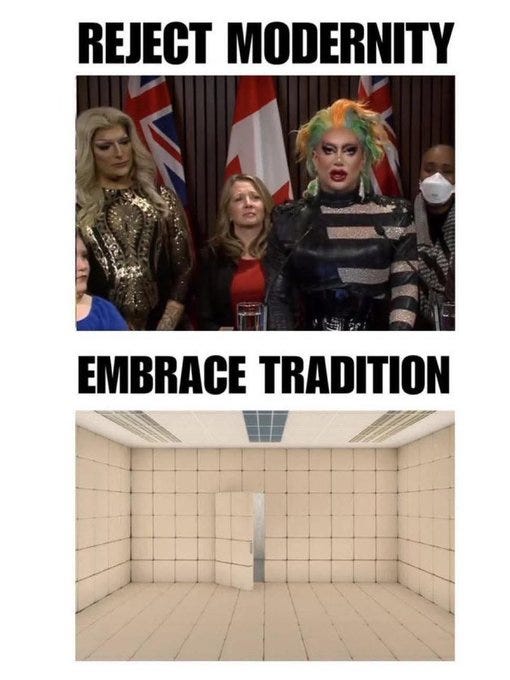 Four people, including drag queens in elaborate outfits, one with green and orange hair wearing a black and white striped outfit and mask, and another in a gold sequined dress, seated in front of Canadian flags. An empty beige room with a door and ceiling lights.