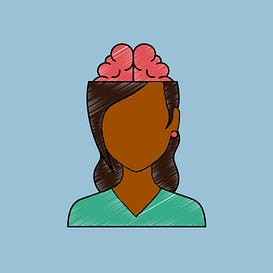 Image of a lady with no facial features wearing a green top and a human brain exposed on top of her head