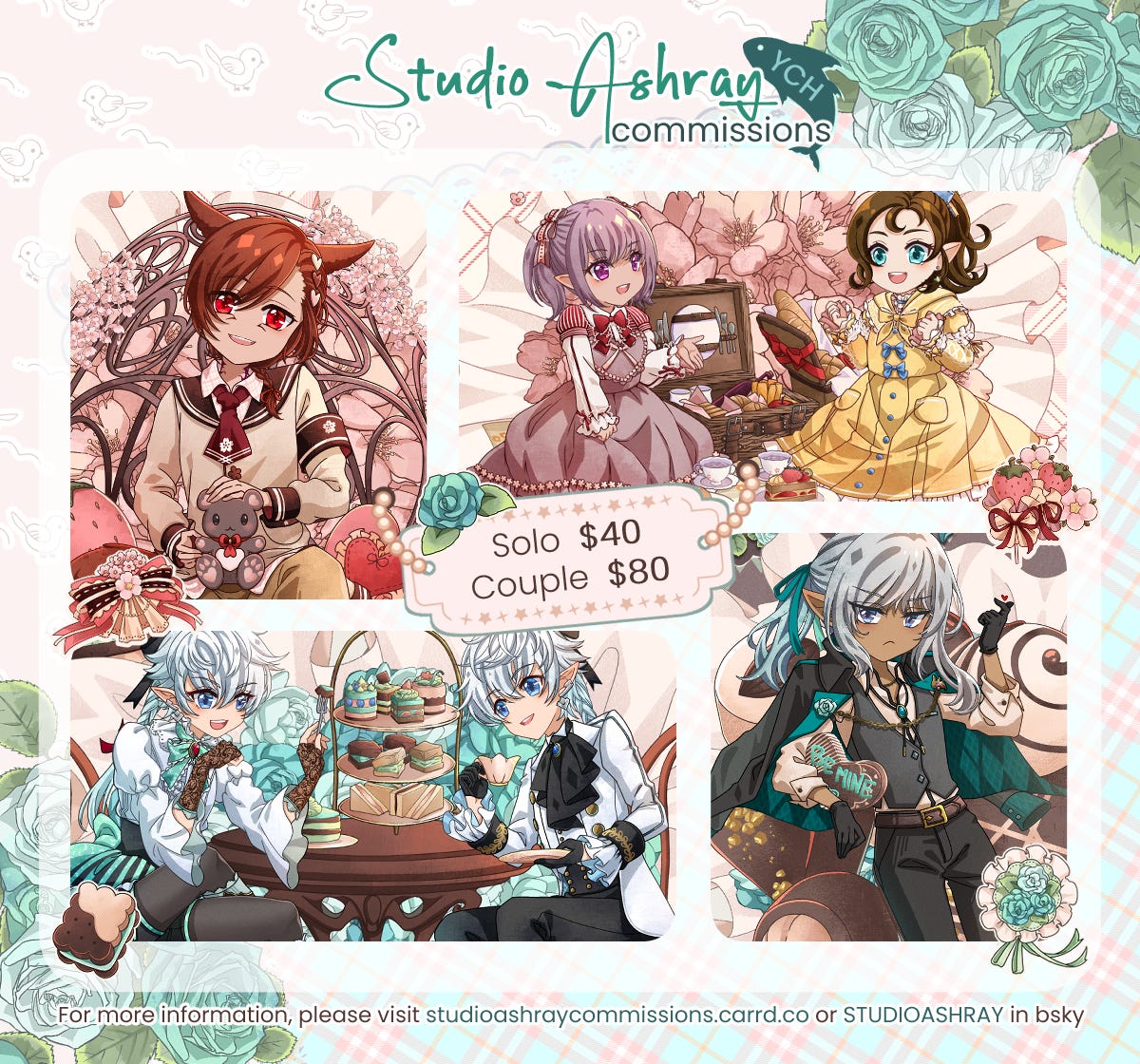 Studio Ashray YCH Commissions (FFXIV Character Samples: Graha Tia, Tataru and Krile, Alisaie and Alphinaud, Estinien)