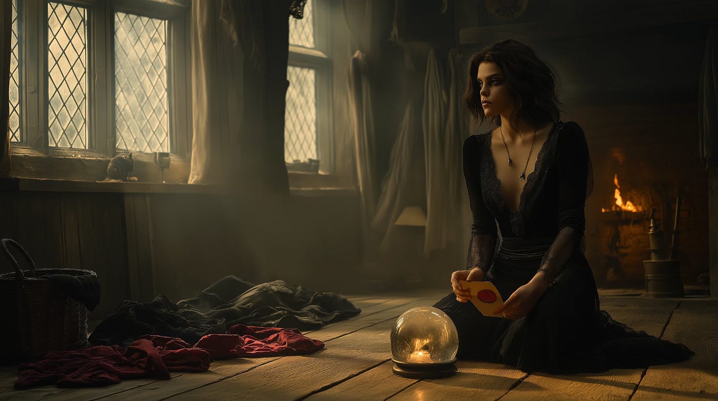 A young woman in a dark dress kneels on a cottage floor beside a glowing orb, holding a sealed letter as firelight flickers behind her.